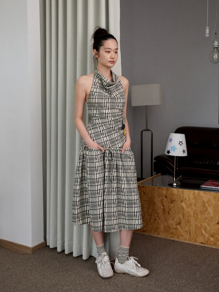 Plaid Backless Swing Collar Halter Neck Vest & Drawstring Midi Skirt Set【s0000013848】