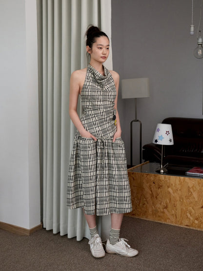 Plaid Backless Swing Collar Halter Neck Vest & Drawstring Midi Skirt Set【s0000013848】