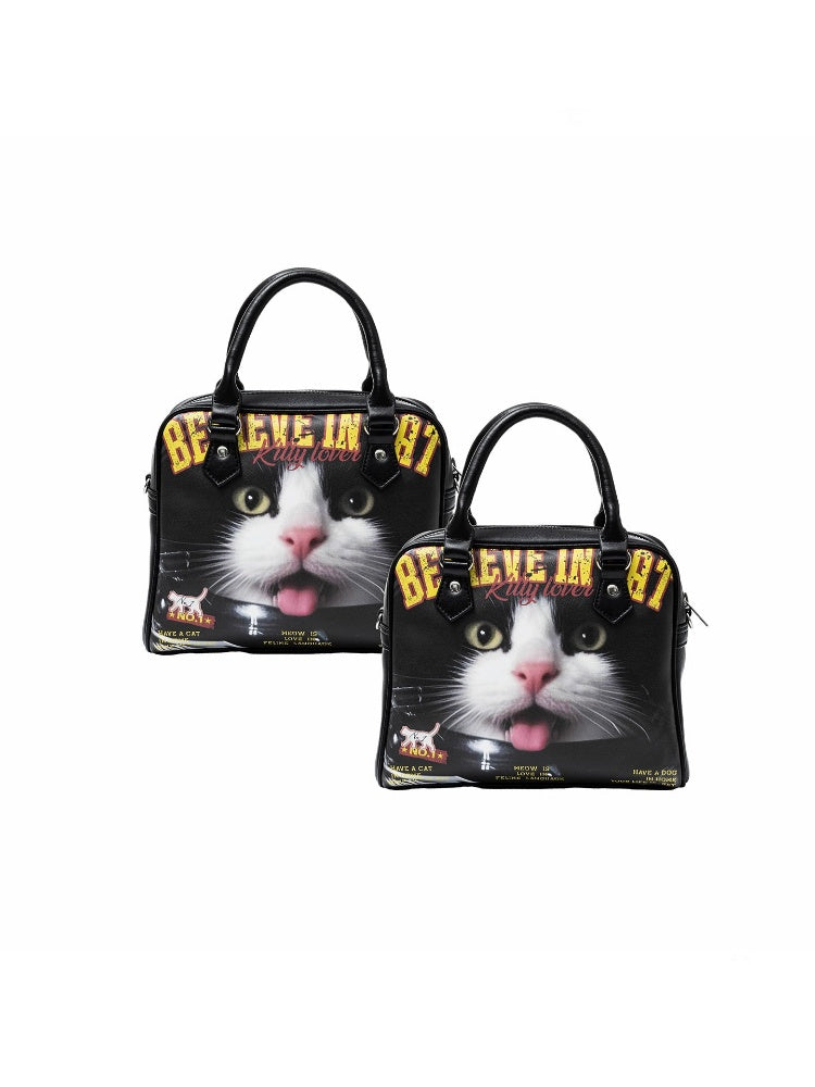 Original Vintage Cat & Dog Print Boston Leather Commuter Adjustable Crossbody Bag【s0000013849】