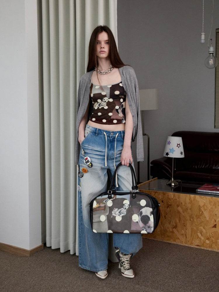 Original Vintage Cat & Dog Print Boston Leather Commuter Adjustable Crossbody Bag【s0000013849】