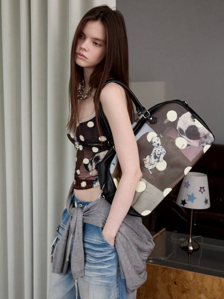 Original Vintage Cat & Dog Print Boston Leather Commuter Adjustable Crossbody Bag【s0000013849】