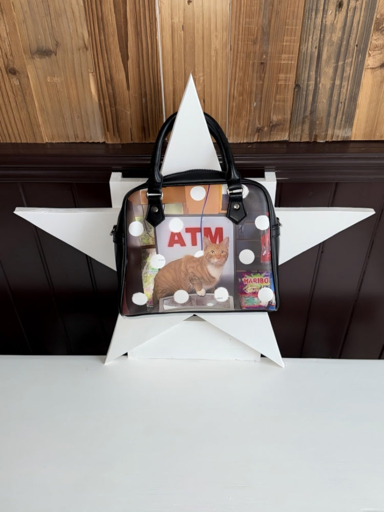 Original Vintage Cat & Dog Print Boston Leather Commuter Adjustable Crossbody Bag【s0000013849】