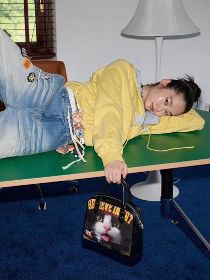 Original Vintage Cat & Dog Print Boston Leather Commuter Adjustable Crossbody Bag【s0000013849】