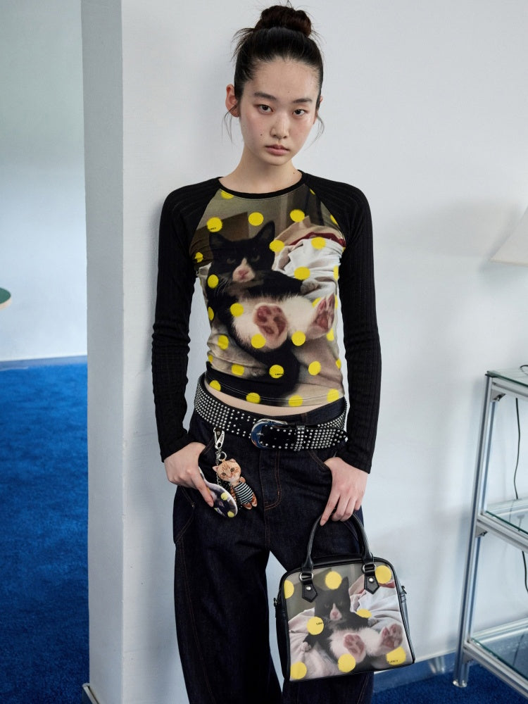 Original Vintage Cat & Dog Print Boston Leather Commuter Adjustable Crossbody Bag【s0000013849】