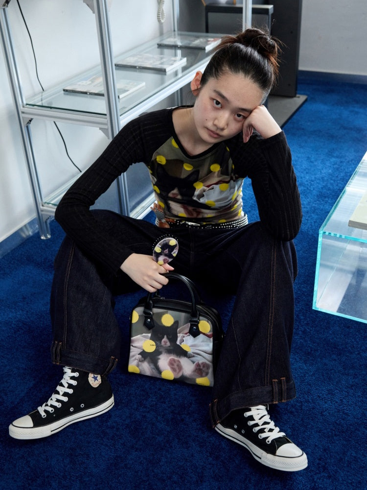 Original Vintage Cat & Dog Print Boston Leather Commuter Adjustable Crossbody Bag【s0000013849】