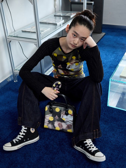 Original Vintage Cat & Dog Print Boston Leather Commuter Adjustable Crossbody Bag【s0000013849】