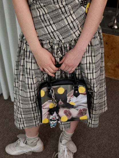 Original Vintage Cat & Dog Print Boston Leather Commuter Adjustable Crossbody Bag【s0000013849】