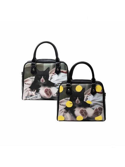 Original Vintage Cat & Dog Print Boston Leather Commuter Adjustable Crossbody Bag【s0000013849】