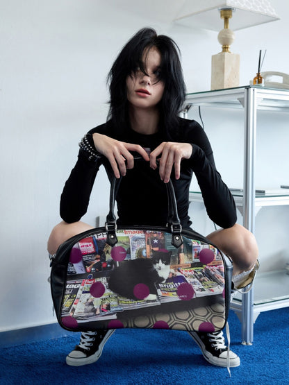 Original Vintage Cat & Dog Print Boston Leather Commuter Adjustable Crossbody Bag【s0000013849】