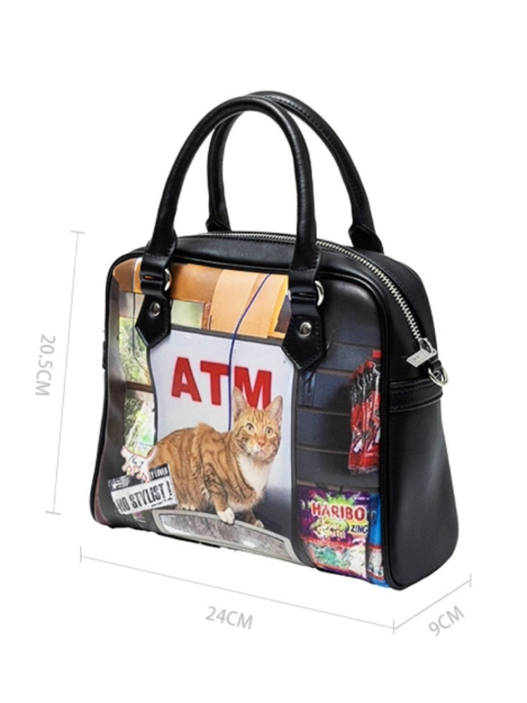 Original Vintage Cat & Dog Print Boston Leather Commuter Adjustable Crossbody Bag【s0000013849】
