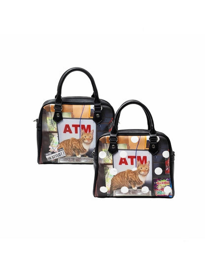 Original Vintage Cat & Dog Print Boston Leather Commuter Adjustable Crossbody Bag【s0000013849】