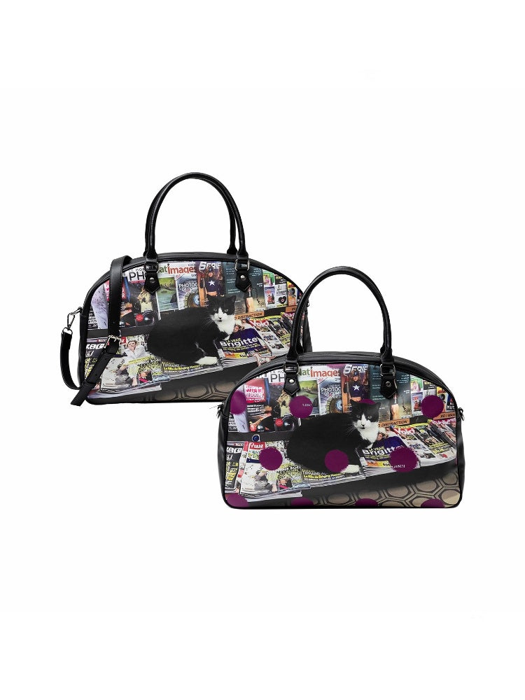 Original Vintage Cat & Dog Print Boston Leather Commuter Adjustable Crossbody Bag【s0000013849】