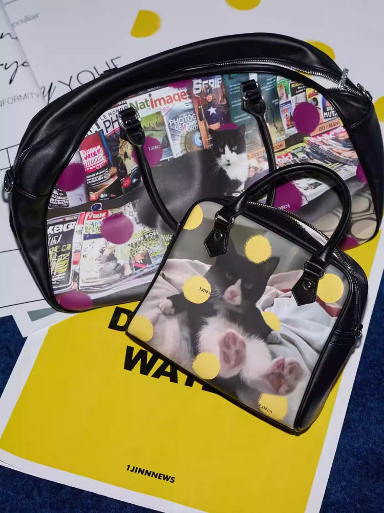 Original Vintage Cat & Dog Print Boston Leather Commuter Adjustable Crossbody Bag【s0000013849】