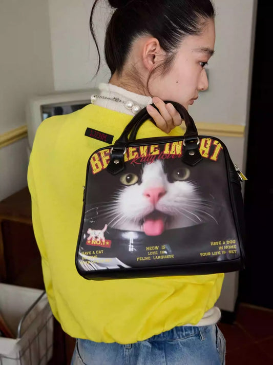 Original Vintage Cat & Dog Print Boston Leather Commuter Adjustable Crossbody Bag【s0000013849】