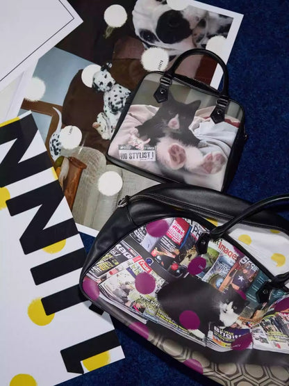 Original Vintage Cat & Dog Print Boston Leather Commuter Adjustable Crossbody Bag【s0000013849】