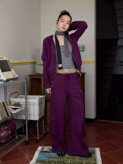 Numbered Zip-Up Sweatshirt Hoodie & Loose Straight Lace-up Wide-Leg Pants Set【s0000013851】