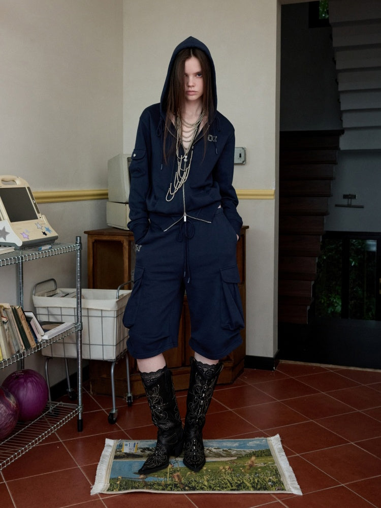 Numbered Zip-Up Sweatshirt Hoodie & Loose Straight Lace-up Wide-Leg Pants Set【s0000013851】