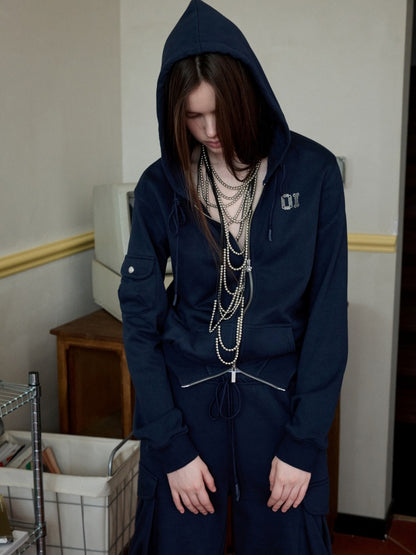 Numbered Zip-Up Sweatshirt Hoodie & Loose Straight Lace-up Wide-Leg Pants Set【s0000013851】