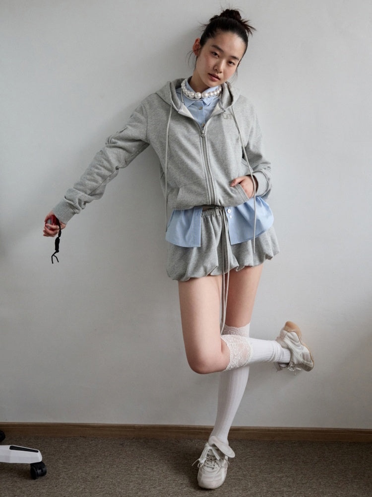 Numbered Zip-Up Sweatshirt Hoodie & Loose Straight Lace-up Wide-Leg Pants Set【s0000013851】
