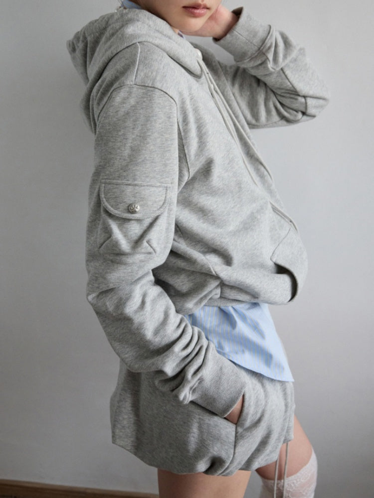Numbered Zip-Up Sweatshirt Hoodie & Loose Straight Lace-up Wide-Leg Pants Set【s0000013851】