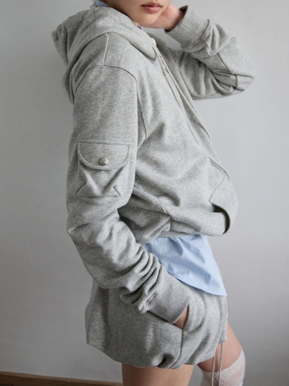 Numbered Zip-Up Sweatshirt Hoodie & Loose Straight Lace-up Wide-Leg Pants Set【s0000013851】