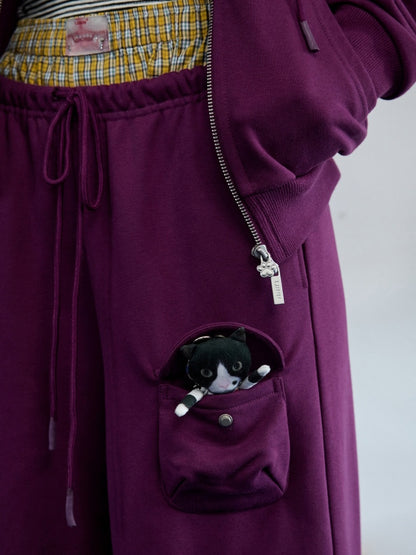 Numbered Zip-Up Sweatshirt Hoodie & Loose Straight Lace-up Wide-Leg Pants Set【s0000013851】