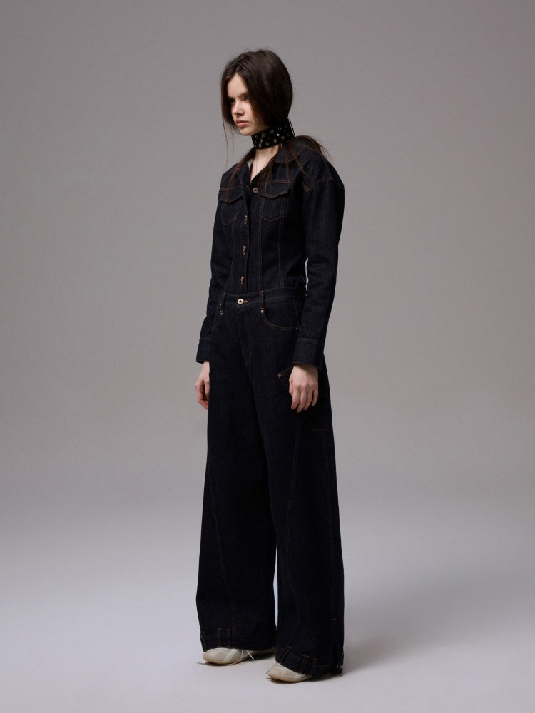 Waist-Shaping Denim Jacket & Low-Waist Jeans Set【s0000013852】