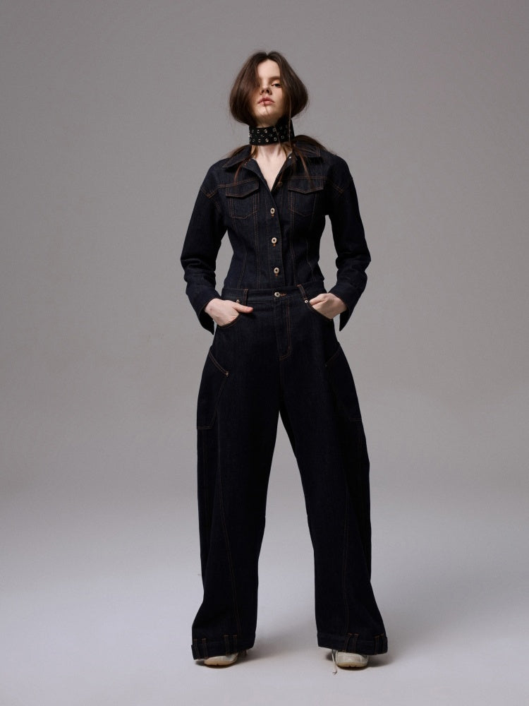 Waist-Shaping Denim Jacket & Low-Waist Jeans Set【s0000013852】