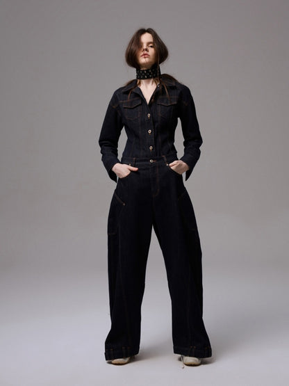 Waist-Shaping Denim Jacket & Low-Waist Jeans Set【s0000013852】