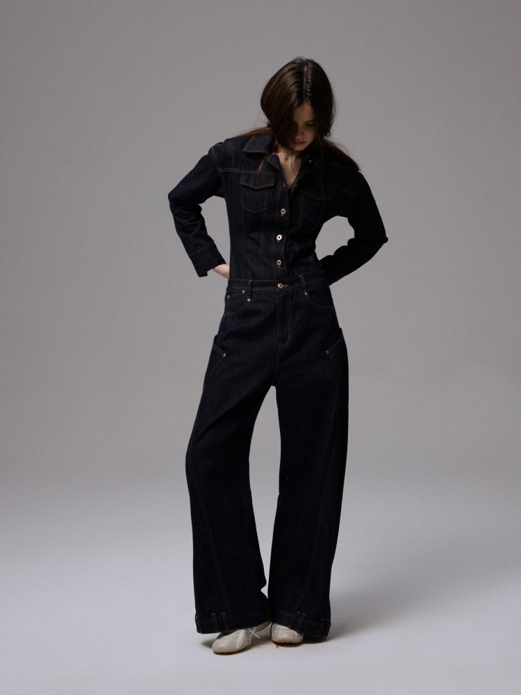 Waist-Shaping Denim Jacket & Low-Waist Jeans Set【s0000013852】