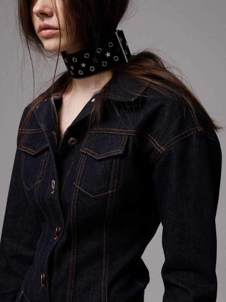 Waist-Shaping Denim Jacket & Low-Waist Jeans Set【s0000013852】