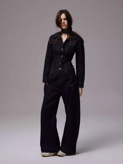 Waist-Shaping Denim Jacket & Low-Waist Jeans Set【s0000013852】