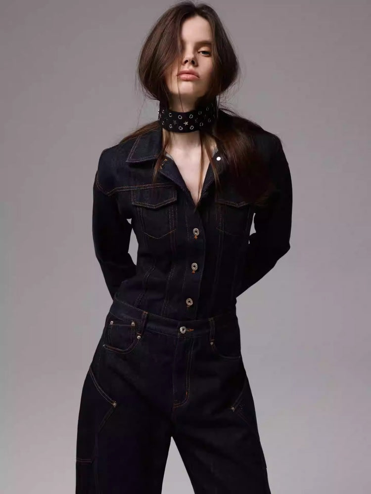 Waist-Shaping Denim Jacket & Low-Waist Jeans Set【s0000013852】