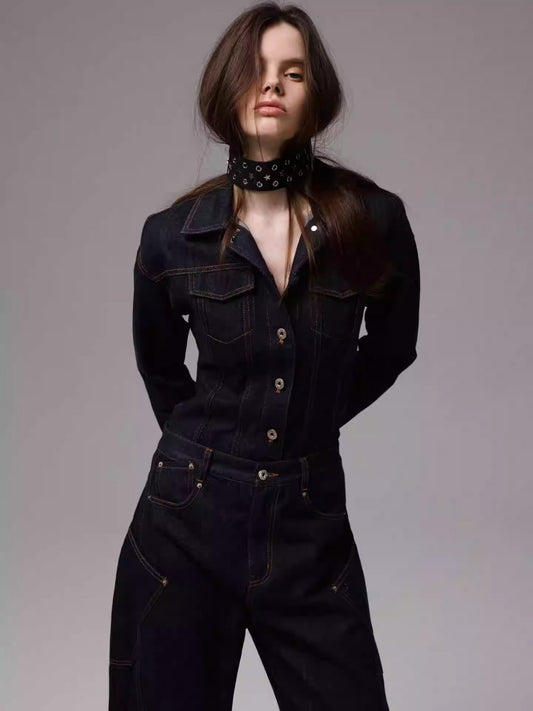 Waist-Shaping Denim Jacket & Low-Waist Jeans Set【s0000013852】
