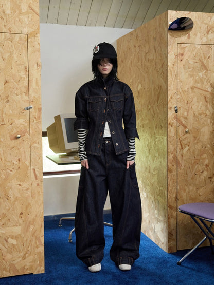 Waist-Shaping Denim Jacket & Low-Waist Jeans Set【s0000013852】