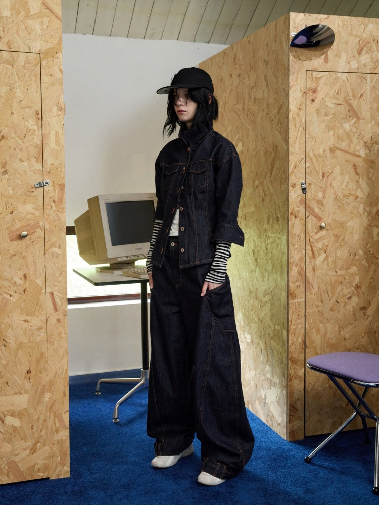 Waist-Shaping Denim Jacket & Low-Waist Jeans Set【s0000013852】
