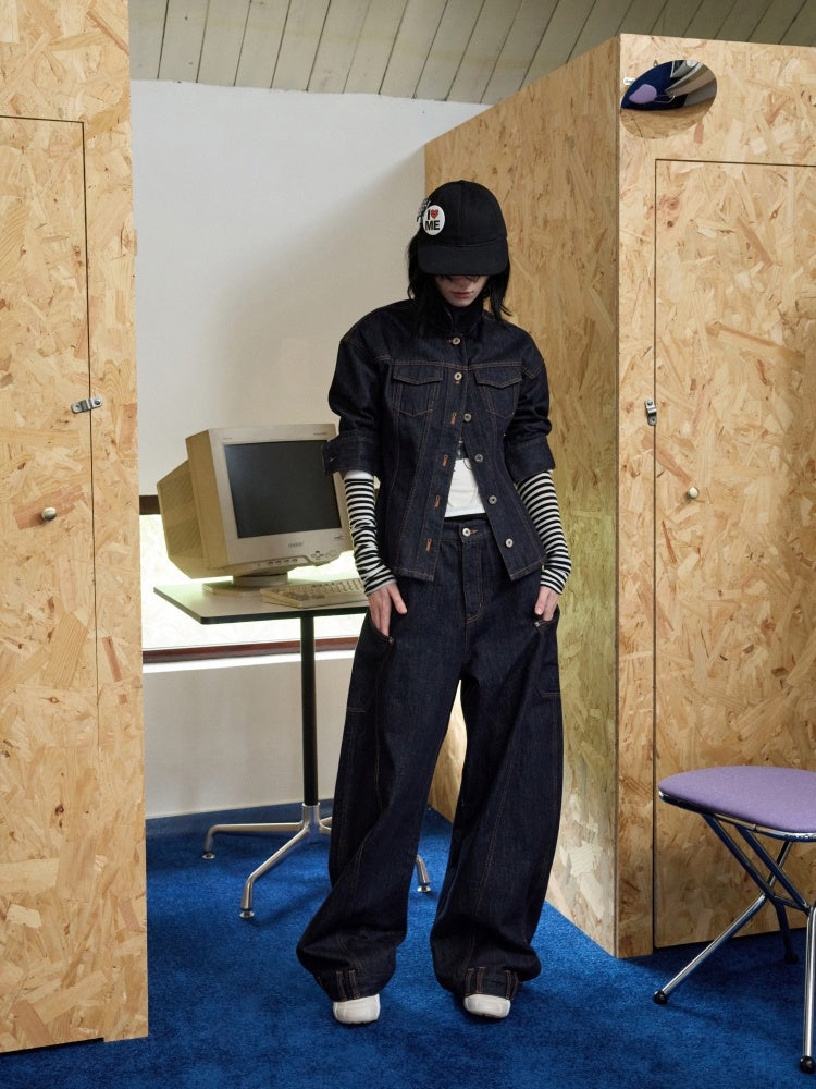 Waist-Shaping Denim Jacket & Low-Waist Jeans Set【s0000013852】