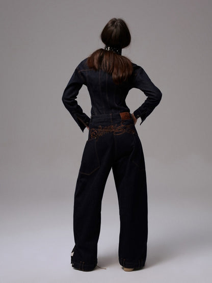 Deconstructed Scimitar Embroidery Low Rise Loose Design Wide Leg Pants【s0000013854】