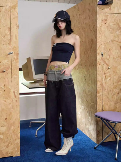 Double Waist Spliced Embroidered Loose Straight Floor Length Wide Leg Pants【s0000013855】