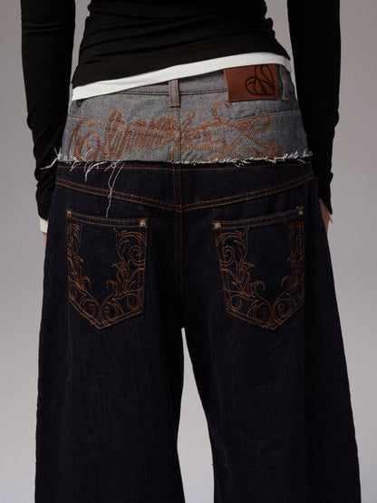 Double Waist Spliced Embroidered Loose Straight Floor Length Wide Leg Pants【s0000013855】