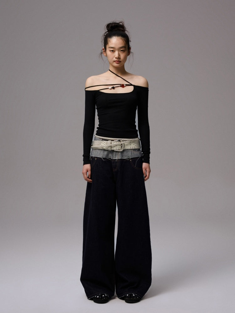 Double Waist Spliced Embroidered Loose Straight Floor Length Wide Leg Pants【s0000013855】