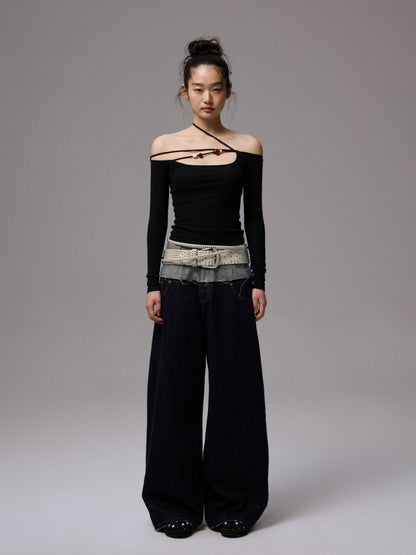 Double Waist Spliced Embroidered Loose Straight Floor Length Wide Leg Pants【s0000013855】