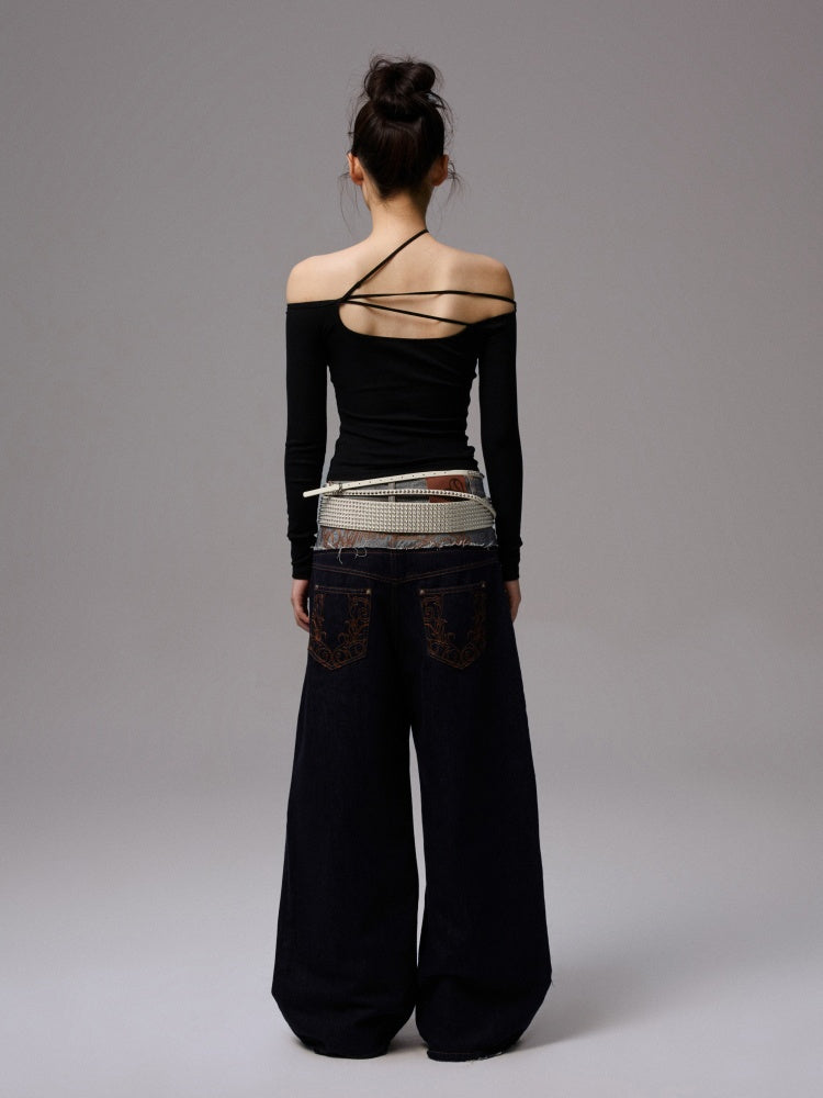 Double Waist Spliced Embroidered Loose Straight Floor Length Wide Leg Pants【s0000013855】