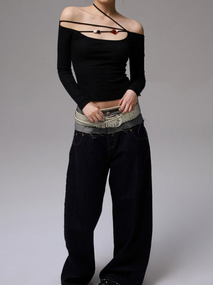 Double Waist Spliced Embroidered Loose Straight Floor Length Wide Leg Pants【s0000013855】