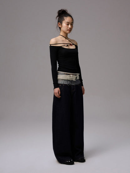 Double Waist Spliced Embroidered Loose Straight Floor Length Wide Leg Pants【s0000013855】