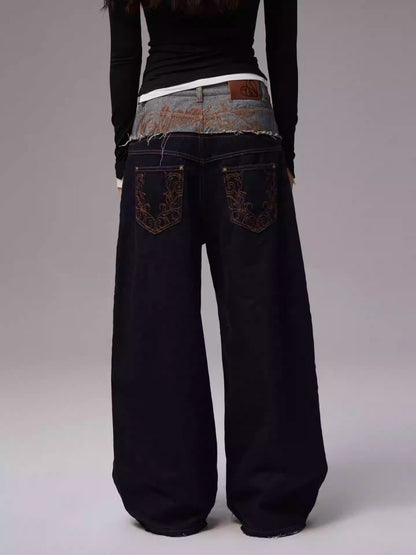 Double Waist Spliced Embroidered Loose Straight Floor Length Wide Leg Pants【s0000013855】