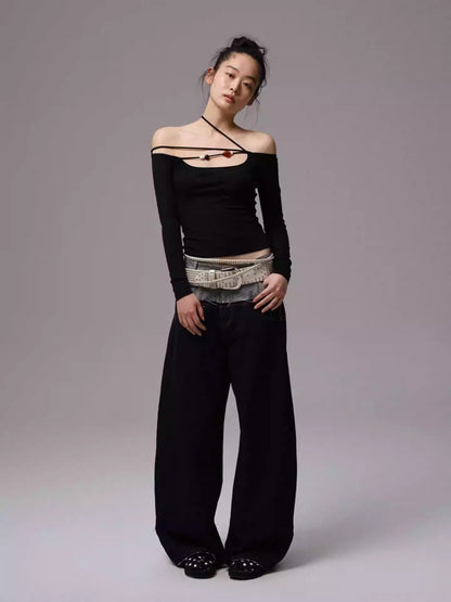 Double Waist Spliced Embroidered Loose Straight Floor Length Wide Leg Pants【s0000013855】