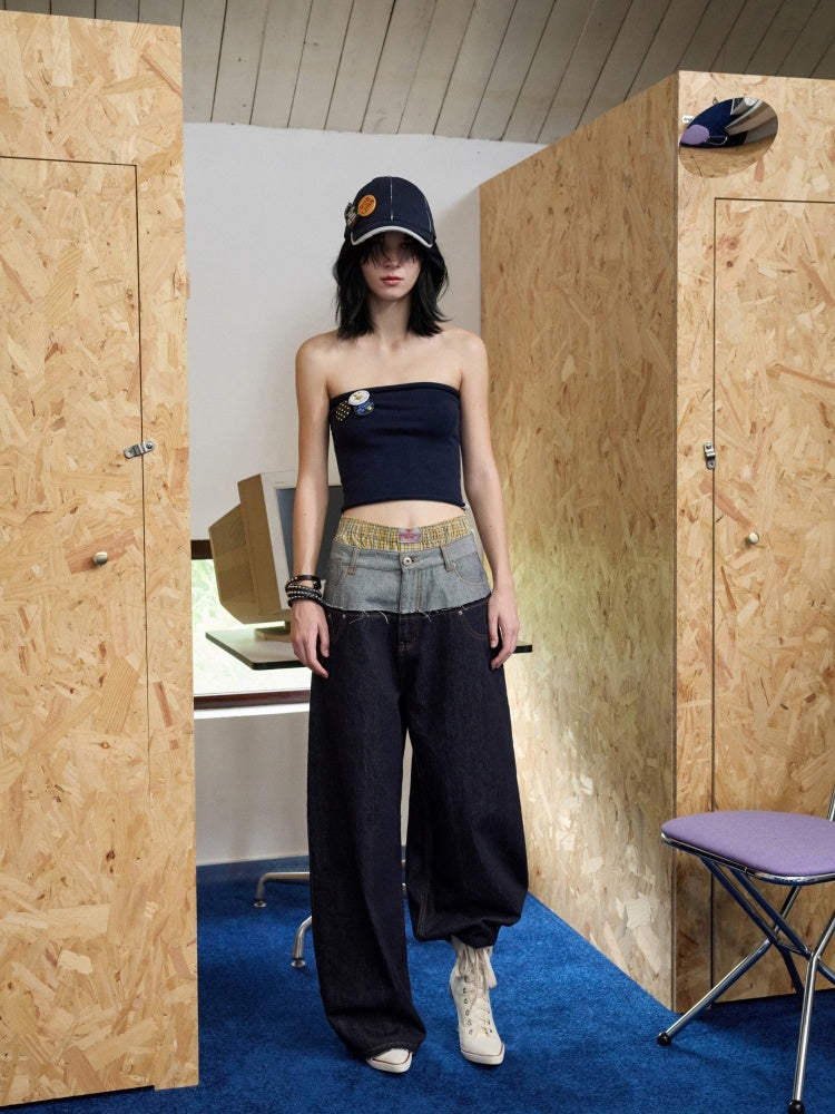 Double Waist Spliced Embroidered Loose Straight Floor Length Wide Leg Pants【s0000013855】