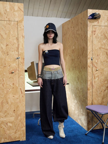 Double Waist Spliced Embroidered Loose Straight Floor Length Wide Leg Pants【s0000013855】