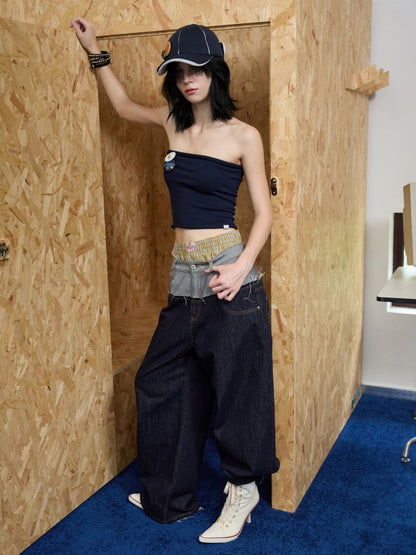 Double Waist Spliced Embroidered Loose Straight Floor Length Wide Leg Pants【s0000013855】